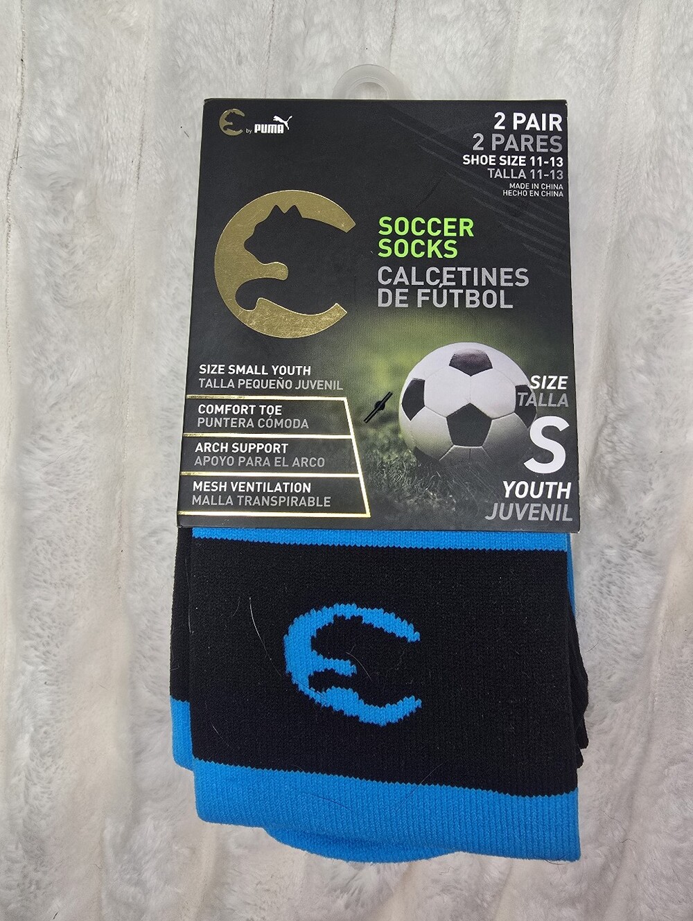 New Puma ProCat Youth Soccer Crew Socks - Black & Blue (2-Pack) Size 11-13